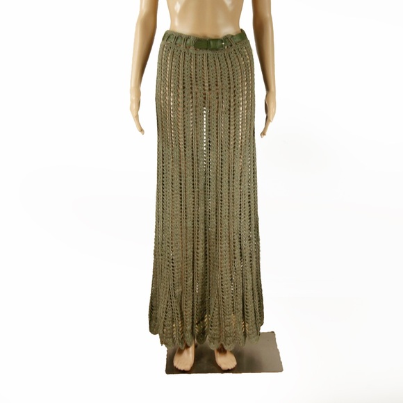 Vintage 70s Olive Green Crochet Knit Long Maxi Skirt w Leather Belt - Picture 1 of 7